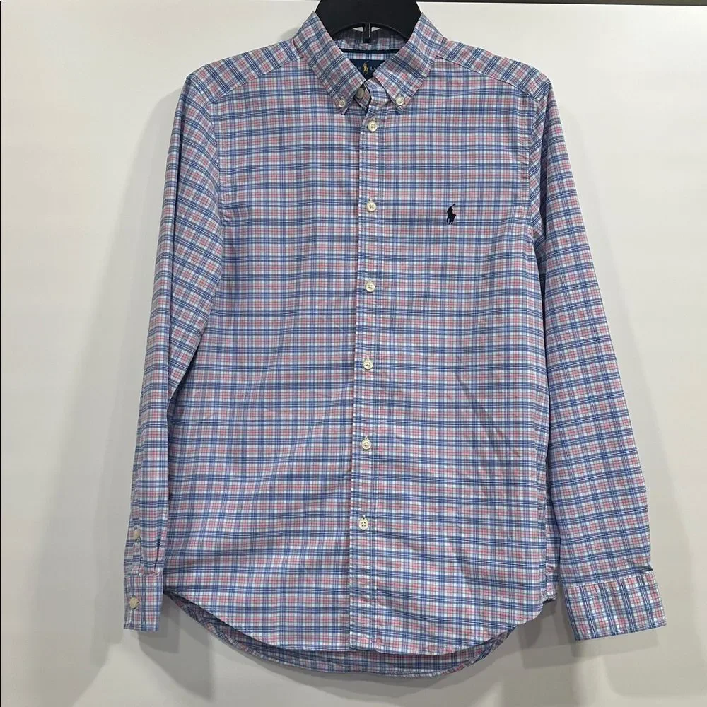 Ralph Lauren Long Sleeve Button Down Plaid Shirt Boys XL Blue Pink